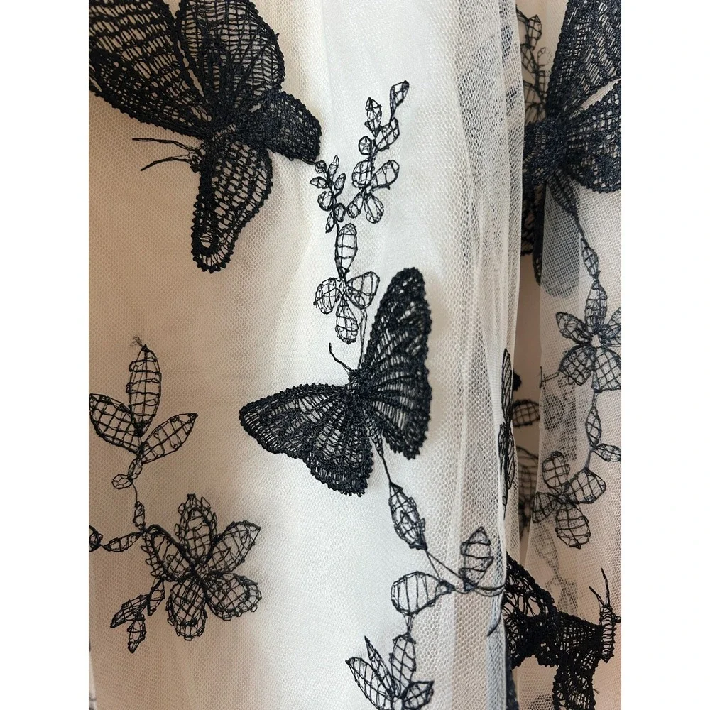 Tulle Midi Skirt Sz S White Black Butterfly Embroidered Mesh Fairy Y2K Ethereal